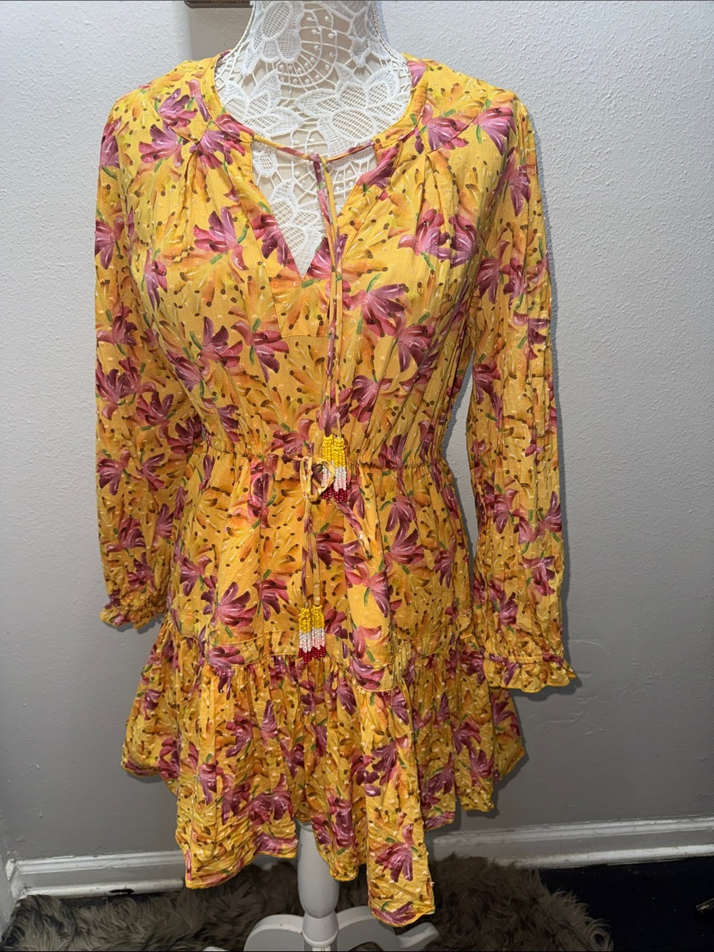 FARM Rio Yellow Midi Dress with Pink Floral Print and Tassel Tie
